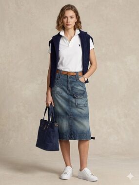 VINTAGE Polo Ralph Lauren Y2K Denim Cargo Midi Skirt Rare utility sandblasted